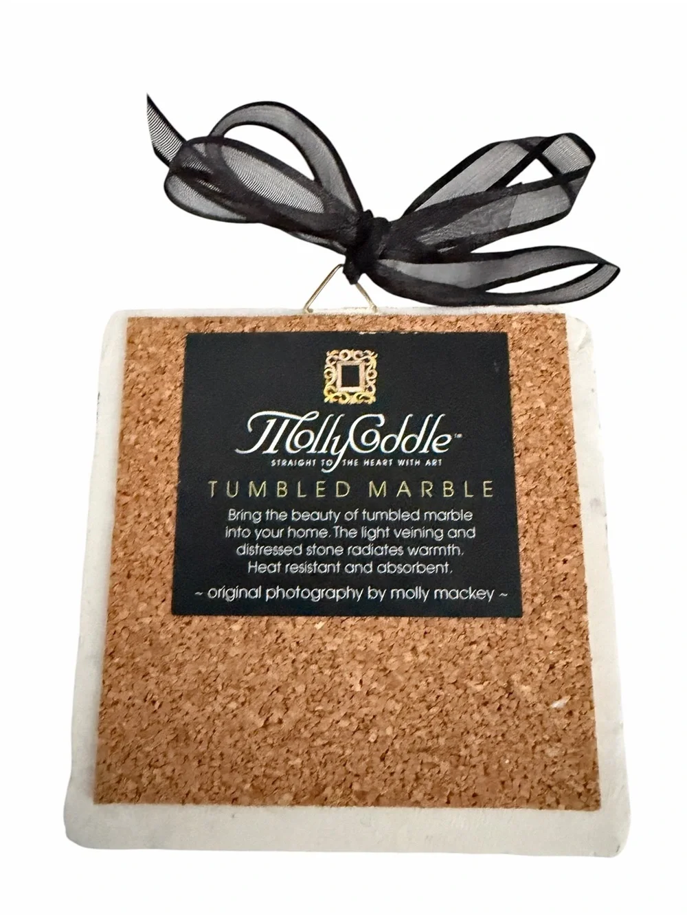 MollyCoddle Tumbled Marble Coaster Cork Back Italy Harbor Scene Ribbon